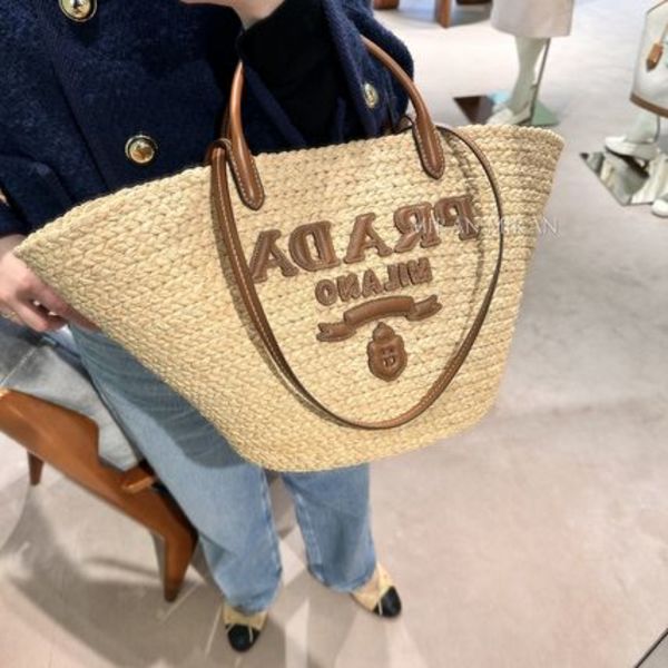 【PRADA】CUTE♪ラフィア&レザー ラージトートバッグ