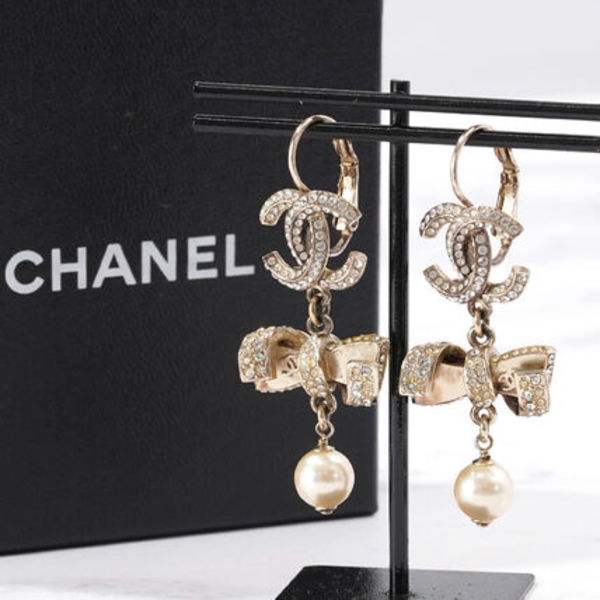 【美品】CHANEL ココマーク ラインストーン リボン ピアス
