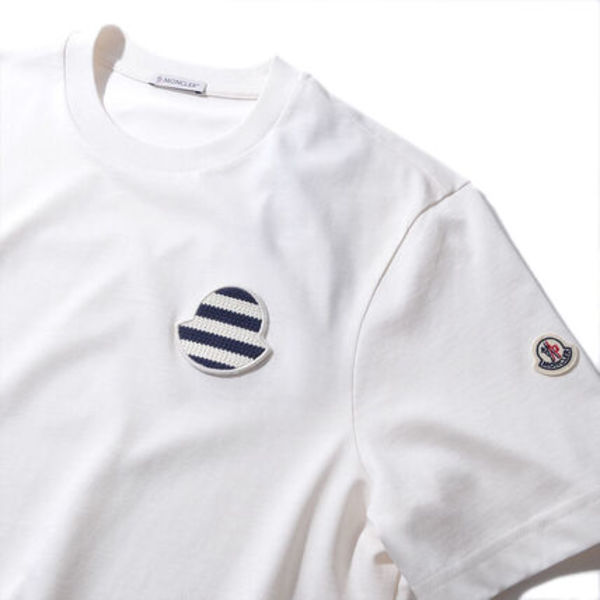 即発 MONCLERボーダー柄ロゴパッチ Tシャツ 8C00071 034ホワイト