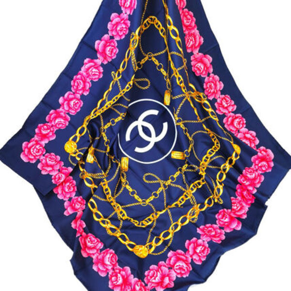 CHANEL ココマーク 花柄 シルク スカーフ ネイビー ピンク 11265