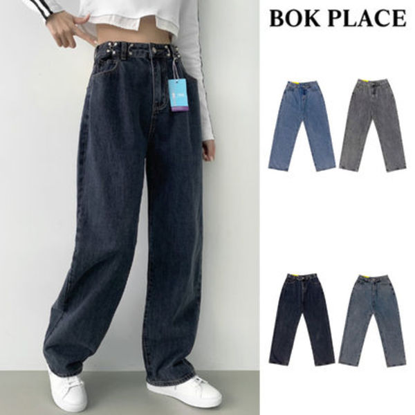 【BOK PLACE】Buckle High Low Rise Wide Fit Denim Pants