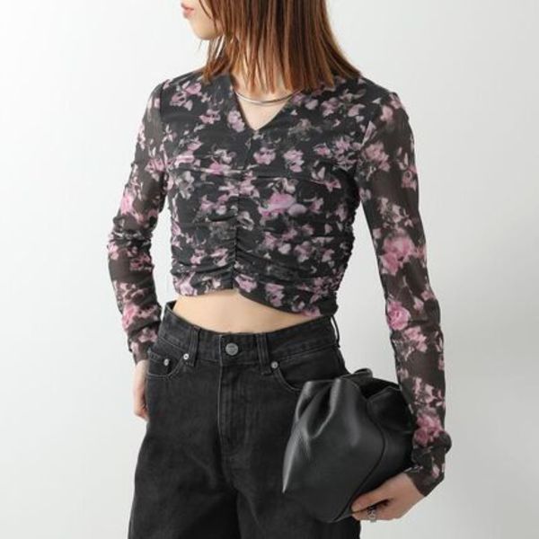 GANNI ブラウス T3930 花柄 メッシュ ギャザー