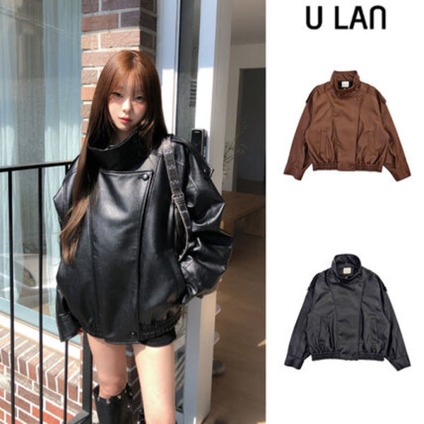 【U LAN】Saint High-Neck Unbalanced Leather Jacket