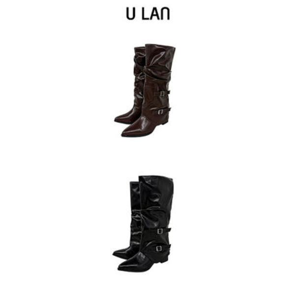 【U LAN】Double Buckle Shirred Stiletto Long Boots