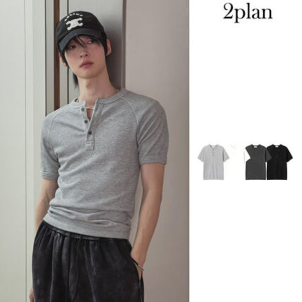 【2plan】Logan Ribbed Muscle Fit Henley Neck Short Sleeve T
