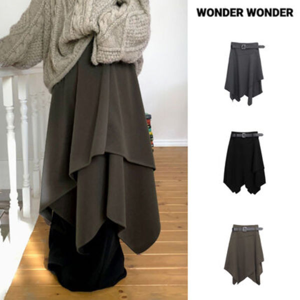 【WONDER WONDER】[Belt SET] Even Unbalanced Midi Wool Skirt