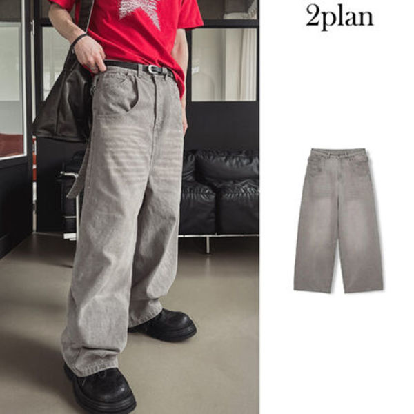 【2plan】Grain Stud Washed Wide Denim Pants