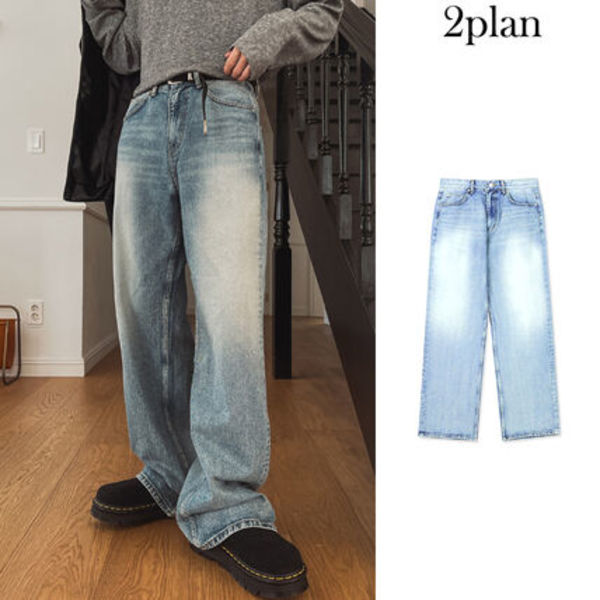 【2plan】Pale wash wide denim pants