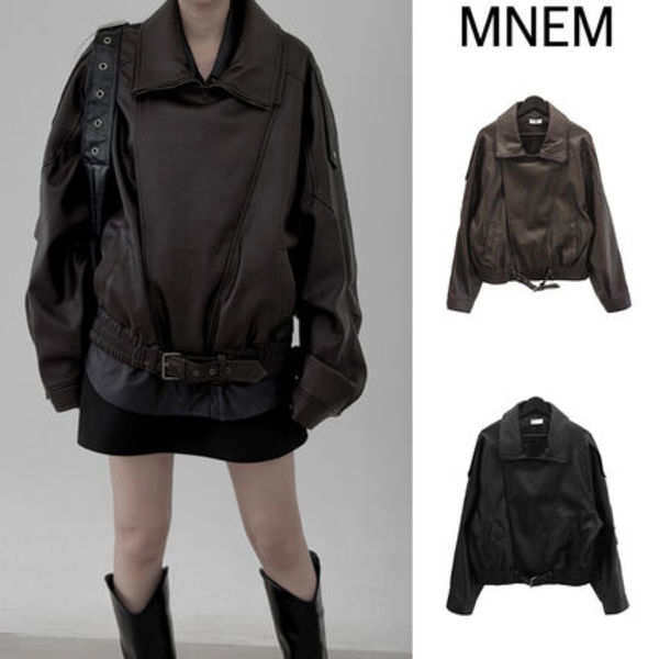【mnem】Double-collar leather rider jacket