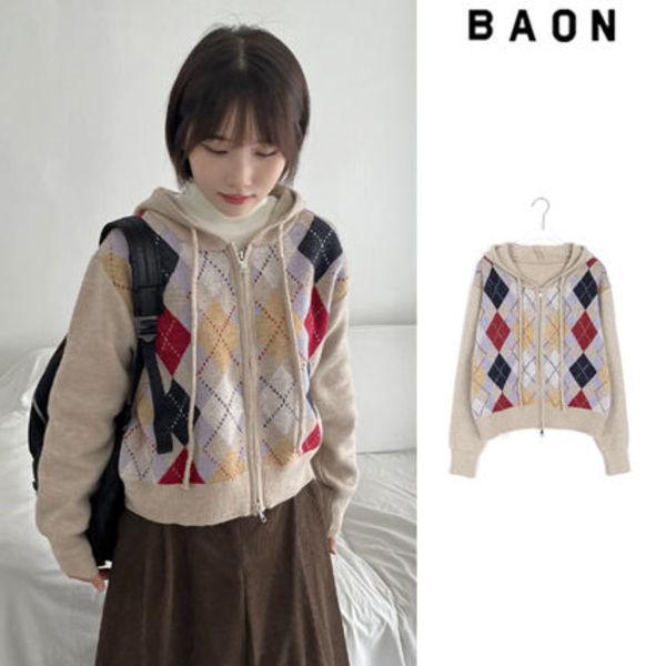【BAON】Kotoe Two-Way Argyle Knit Hood Zip-up