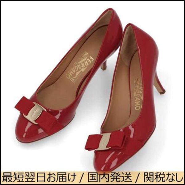 FERRAGAMO パンプス レッド レザー ヴァラリボン