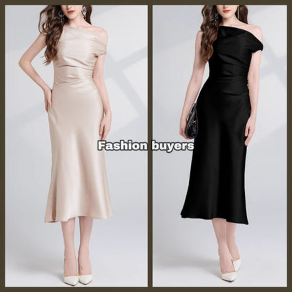 ワンピース Aライン エレガント ミモレ丈 ワンショルダー
