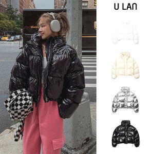 【U LAN】(UNISEX) Glossy Hooded Cropped String Padding
