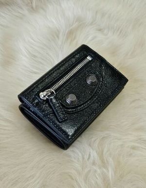 BALENCIAGAシティ3つ折り♪レザーミニ財布♪ブラック