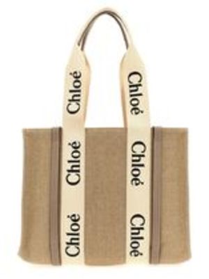 クロエ Woodyトートバッグ リネン ロゴ ムスクグレー