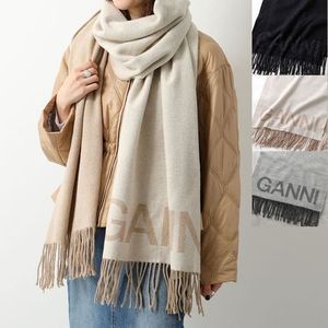 GANNI マフラー Fringed Wool Scarf ストール ロゴ フリンジ