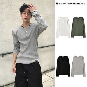 【DISCERNMENT】Overlock Henley Neck Knit Long Sleeve