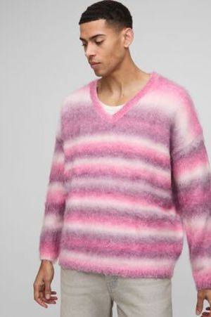 OVERSIZED BOXY BRUSHED STRIPE V NECK KNITTED JUMPER