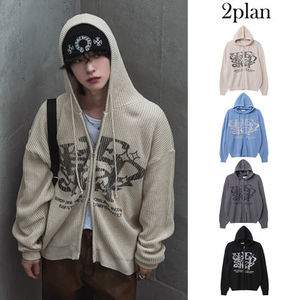 【2plan】Galaxy lettering hooded zip-up knit