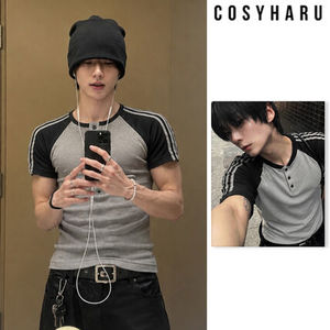 【COSYHARU】Color Track Muscle Fit Henley Neck S/S T