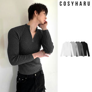 【COSYHARU】Berute Ribbed Half-zip Muscle Fit Knit
