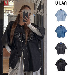 【U LAN】(UNISEX) Baseball No Collar Denim Shirt