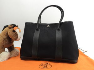 エルメス ガーデンパーティPM コットン/レザー 黒 トートバッグ