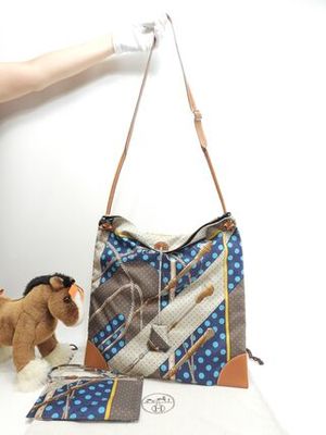 エルメス シルキーシティGM シルク灰系レザー茶 鞭 ショルダー